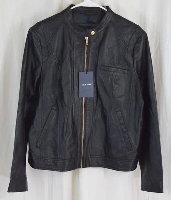 Chaqueta de moto de cuero para mujer Cole Haan negra talla XL Foto 1 de 3