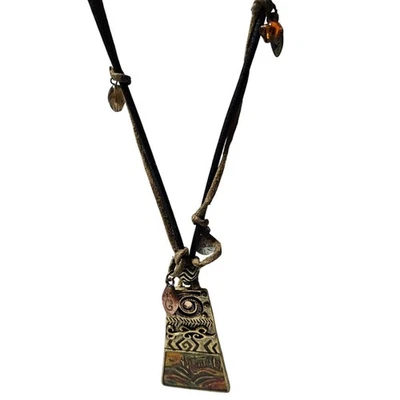 Chicos Tribal Brass Pendant Necklace Glass Bead Accents Leather Cord Jewelry - Image 1 of 4