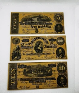 1954 Reprint Confederate $5, $10 & $100 Dollar Bills From 1864 - Picture 1 of 3