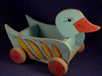 Ancien jouet bois animé animal cane canard tête pivotante petit chariot - Photo 1/4