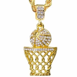 Men's CZ 14k Gold Plated Basketball Hoop Pendant 24" Chain Necklace HC 1109 G - Picture 1 of 5