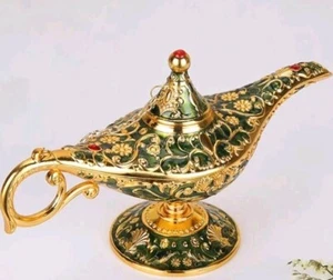 Vintage große 8,6 Zoll goldene grüne Aladdins magische Lampe mit gebogenem Ausgussgriff abnehmbarer Deckel - Bild 1 von 8