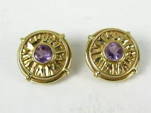 Estate 14k Yellow Gold 20mm Natural Amethyst Button Ladies Earrings 5.5g - Picture 1 of 4