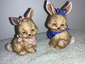 2 Ceramic Bunny Rabbits with Bows & Scarfs- Pink & Blue - Picture 1 of 7