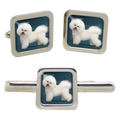 Bichon Frise Quadrato Gemelli E Fermacravatta Set - Immagine 1 di 4