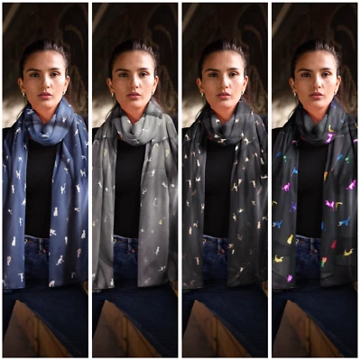Black Grey Blue Rainbow Bicarri Foil Cat Print Scarfs Ladies Shawl Scarves Scarf