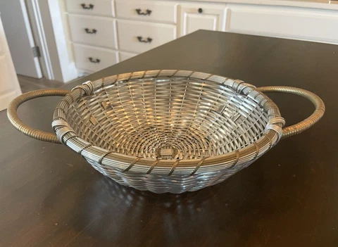 Vintage Stainless Steel Weave 14" Basket  - Brass wrap handles / trim.  B45 Cover