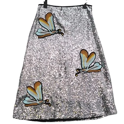 Falda midi Dragon Fly apliques lentejuelas plateadas metálicas brillantes talla M caprichosa Y2K Foto 1 de 4