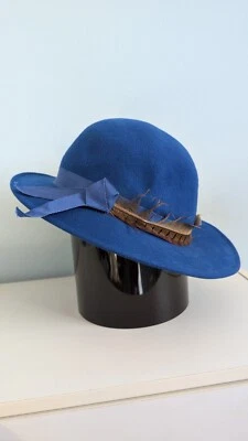 Sombrero Lancaster 100 % lana vintage - azul marino con pluma de faisán y cinta Foto 1 de 4