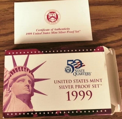 1999-S US Mint Silver Proof Set Original Box & COA  9 Coins 90% Silver - Image 1 of 4