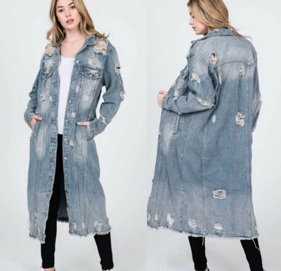 Veveret Long Denim Distressed Jean Jacket - SIZE S - Изображение 1 из 4