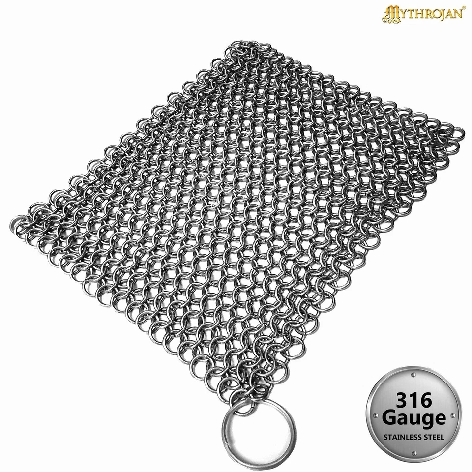 Chainmail Kitchen Cleaner Scrubber Stainless Steel Skillet 8"x6" Mail Cast Iron