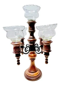Homco Vintage 1970's Wood & Metal 5 Arm Candelabra With Etched Glass Peg Shades - Bild 1 von 23