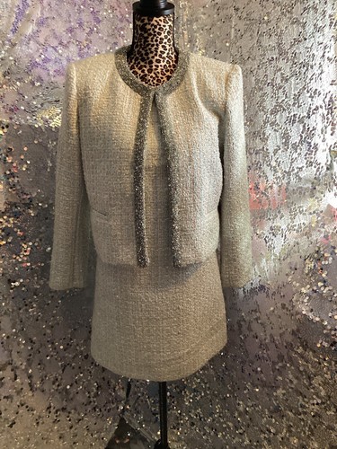 OFF WHITE Abito Alice + Olivia tweed blu e bianco sporco A Line Tg 8 AUTENTICO Nuovo con etichette