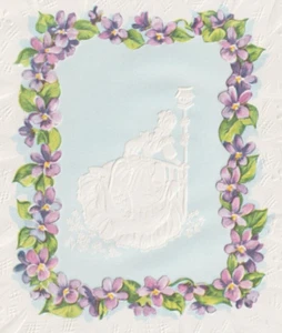 1963 Die Cut Birthday Floral Greeting Card Lady Victorian Dress Birdhouse Basket - Picture 1 of 3