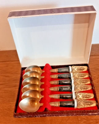 Vintage Löffel, Thailand, Messing / Bronze m. Teakholz, 6 Stück gravierte Griffe - Bild 1 von 4