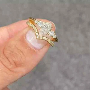 3.00 Ct Oval Cut Moissanite Women Bridal Set Ring 14K Yellow Gold Plated Silver - Picture 1 of 5