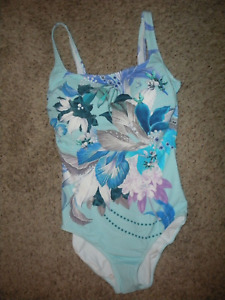 GOTTEX Blue Floral Paradise 1 Pc Square Neck Tank Style Swimsuit Sz 12 NWT