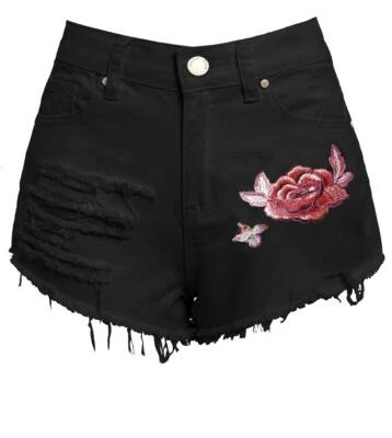 NEW HIGH WAISTED BLACK FLORAL Denim SHORTS Size 10 12 14 16 8 6 - Image 1 of 2