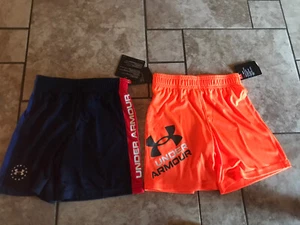 NWT Boy Size 4 Lot Of 2 Pairs Under Armour Shorts Red White Blue & Orange Logo - Picture 1 of 3