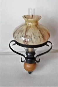 vintage Wandlampe Glas Eisen Holz Lampenschirm Glaszylinder Zugschalter - Bild 1 von 13