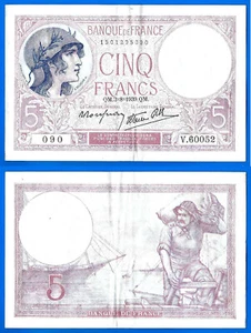 France 5 Francs 1939 3 August Serie V Violet Boat Europe Frcs Frs Free Ship Wrld - Picture 1 of 3