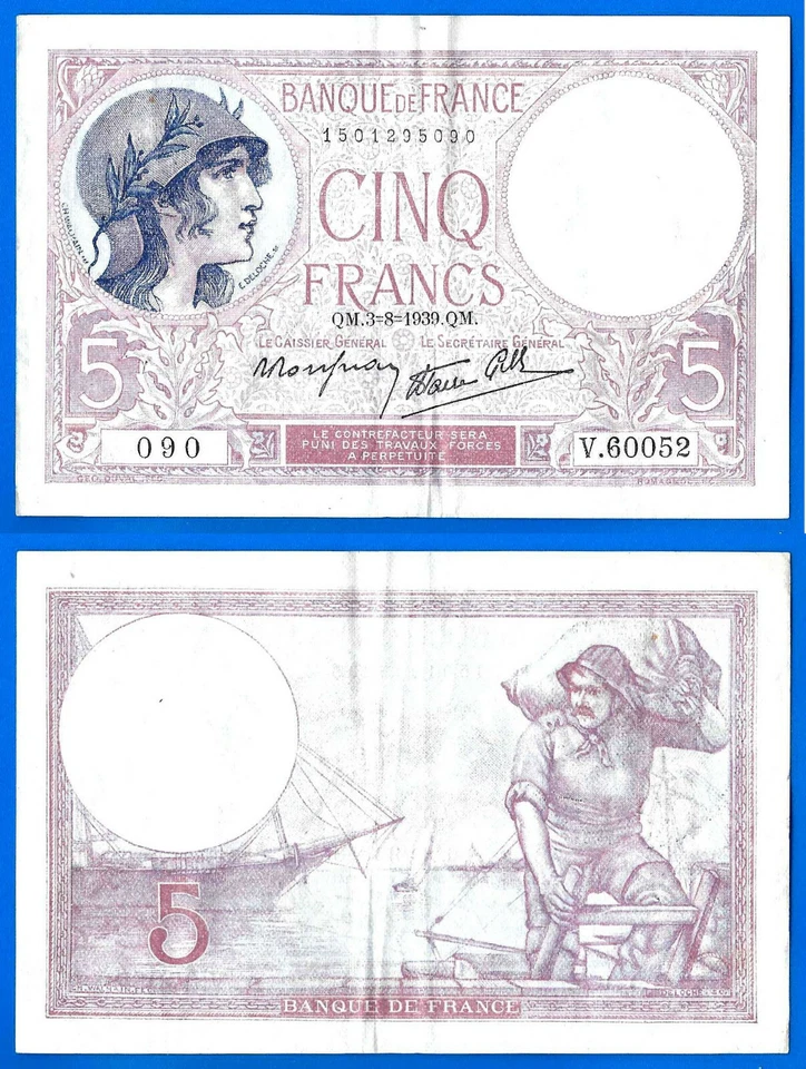 France 5 Francs 1939 3 August Serie V Violet Boat Europe Frcs Frs Free Ship Wrld - Image 1 of 3