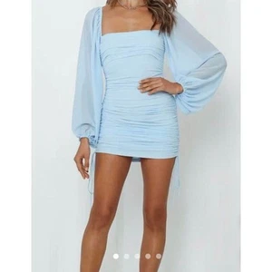 NWT HELLO MOLLY Tangy Bellini Mini Dress Ruched Side Ties SMALL Powder Blue NEW - Picture 1 of 8