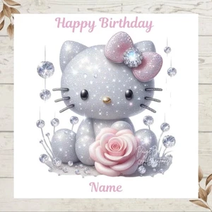 Personalised Diamanté Effect Hello Kitty Birthday Greetings Card -ANY NAME/AGE - Picture 1 of 2