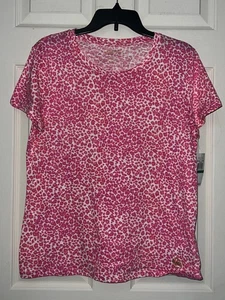 New MICHAEL KORS Gold Logo Pink White Leopard Print Top T-shirt L NWT - Picture 1 of 5