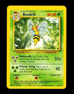 1999 Pokemon BEEDRILL Base Set OC ERROR Unlimited Edition RARE Non Holo 17/102 - Image 1 of 2