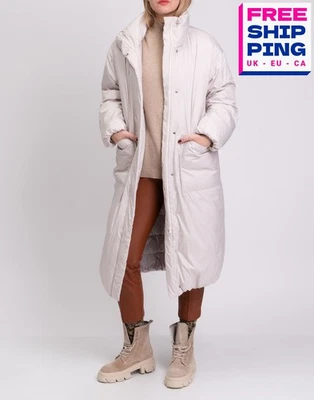 RRP €1154 FRAME Eggshell Oversized Long Duvet Puffer Coat Size M Grey Recycled - Image 1 of 4