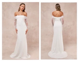 Maxi Vestido Lulus Beautifully Beloved Blanco Malla Fuera del Hombro Talla Mediana - Imagen 1 de 9