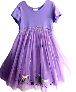 Hanna Andersson School dress 8y Lilac Tulle layers Horse appliqués Short Sleeve - Picture 1 of 3