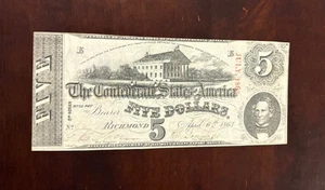 Banconota moneta confederata $5 Richmond Virginia apr. 6°, 1863 molto bello - Foto 1 di 2