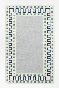 Elegant Hand-Tufted Carpet with Geometric Navy and Green Border Design - Picture 1 of 9