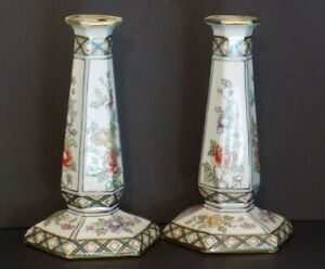 ANTIQUE PAIR NIPPON CANDLE STICKS HOLDER HAND PAINTED EXCELLENT.