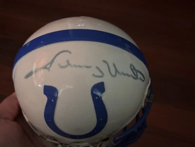 JOHNNY UNITAS SIGNED AUTOGRAPHED FOOTBALL MINI-HELMET-BECKETT BAS COA LOA LETTER - Image 1 of 4