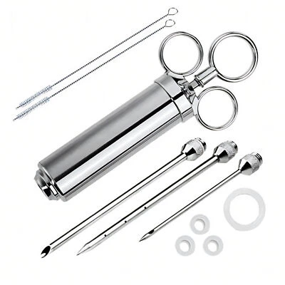 FIXTUREDISPLAYS Meat Seasoing Injector Syringe BBQ Smoking Grilling w/ 3 Needles Stainless Steel