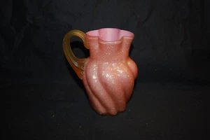 BEAUTIFUL VICTORIAN HARRACH PINK CASED MICA FLECK SWIRL ART GLASS CREAMER 1880S - Picture 1 of 5