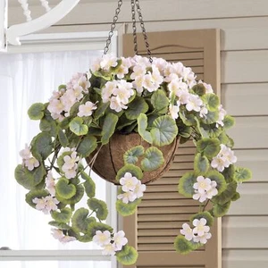 Large Artificial Pink Geranium Hanging Basket Indoor Outdoor Patio Garden Decor - Picture 1 of 4
