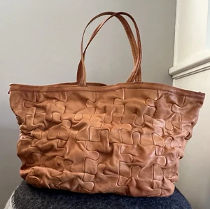 $2295 Henry Cuir Extra Large Leather Puzzle Tote In Saddle Tan - RARE - Picture 1 of 22