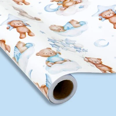 Mini rollo de papel de envolver oso 17"x32,8 pies azul acuarela animal baby shower Foto 1 de 4