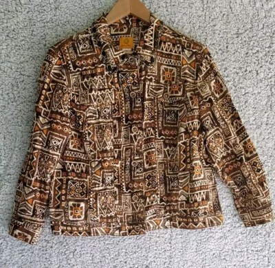 Ruby Rd Womens Jacket Linen Brown Orange Embellishments Aztec Geometric Boho 16 - Image 1 of 4
