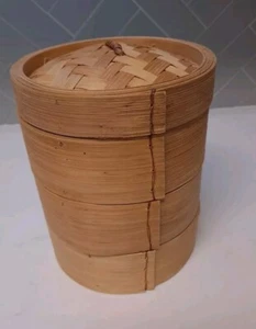 Bambus/Schilf Stapeln Dampfgarer Körbe mit geflochtenem Deckel 3 Ebenen 7" hoch  - Bild 1 von 7