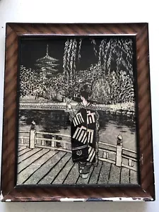 Einzigartiger Vintage orientalischer Geisha Druck auf Acryl mit Folienhintergrund - 13” x 11” - Bild 1 von 3