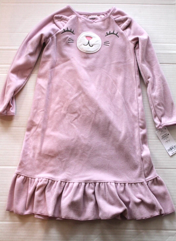 Carter's Girl's Blush PRT Kitty Cat Fleece Nightgown Pajamas Size 6-7