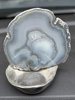 Beautiful Agate Slice Natural Stone Gray Blue Encased With Attached Trinket Dish - Image 1 of 4