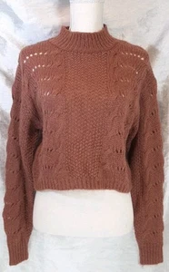 Woven Heart SzS Open Knit Crochet Crop Sweater Mock Neck Mohair Blend Rust Brown - Picture 1 of 5