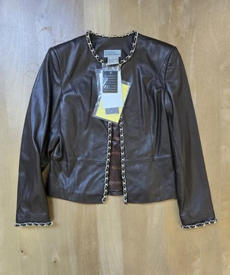 Bradley Bayou Women's Brown Leather Jacket And  Chain Details XS New with Tags - Image 1 of 4